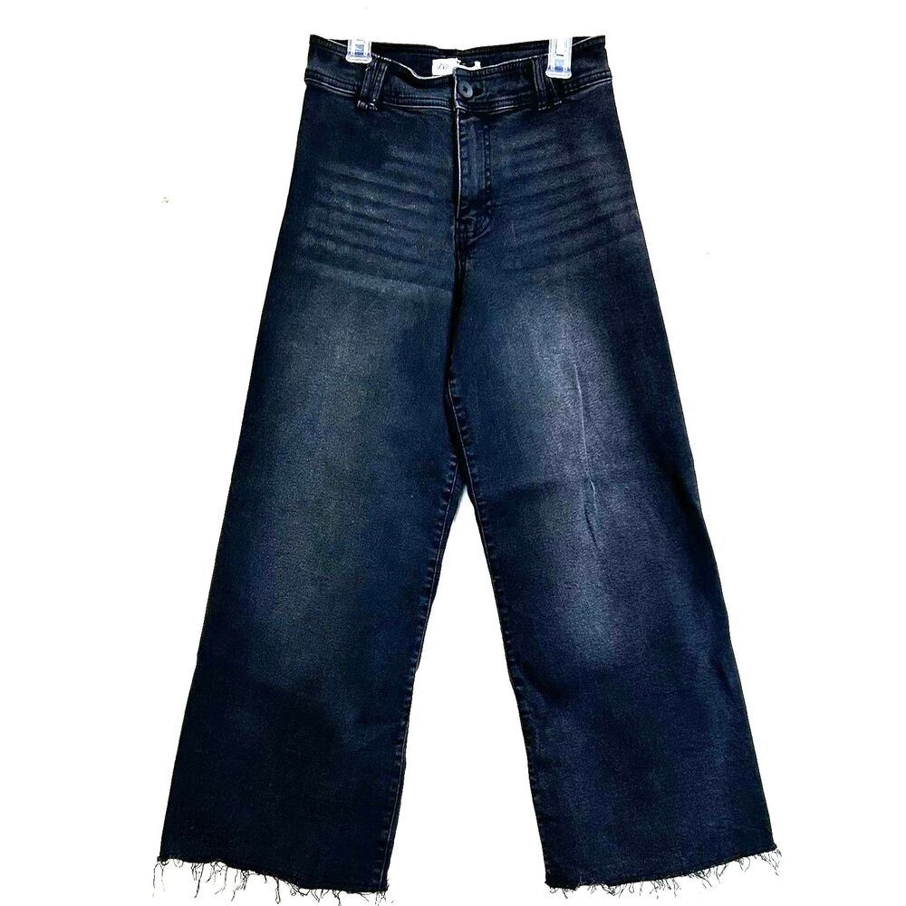 Zara Jeans Women's Black Crop Wide Ankle Leg Jeans Size XS Distressed Hem Denim